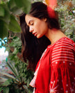 Cherry Red Embroidered Linen Maxi Dress – Balloon Sleeves