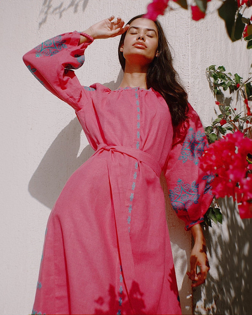 Fuchsia Embroidered Linen Long Dress – Balloon Sleeves | ZALXNDRA