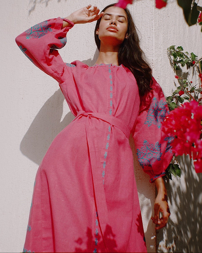 Fuchsia Blue Hand-Embroidered Cross-Stitch Linen Kaftan Maxi Dress