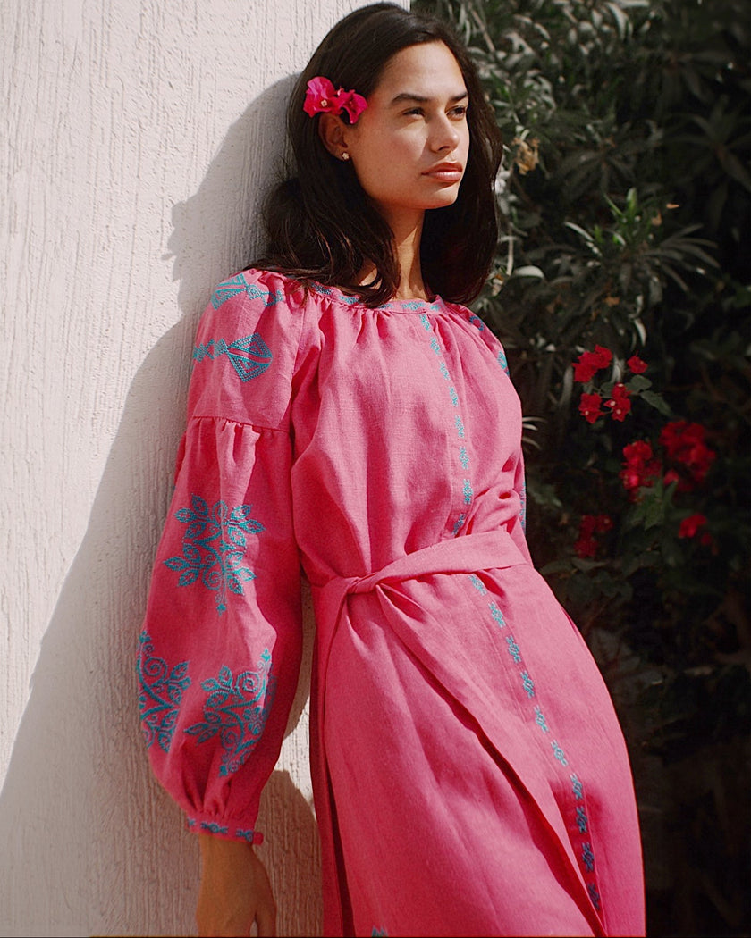 Fuchsia Blue Hand-Embroidered Cross-Stitch Linen Kaftan Maxi Dress