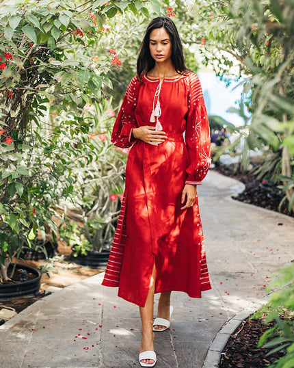 Cherry Red Embroidered Linen Maxi Dress – Balloon Sleeves