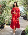 Cherry Red Embroidered Linen Maxi Dress – Balloon Sleeves