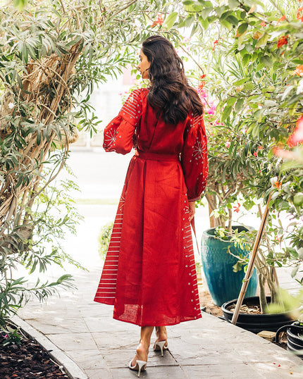 Cherry Red Embroidered Linen Maxi Dress – Balloon Sleeves