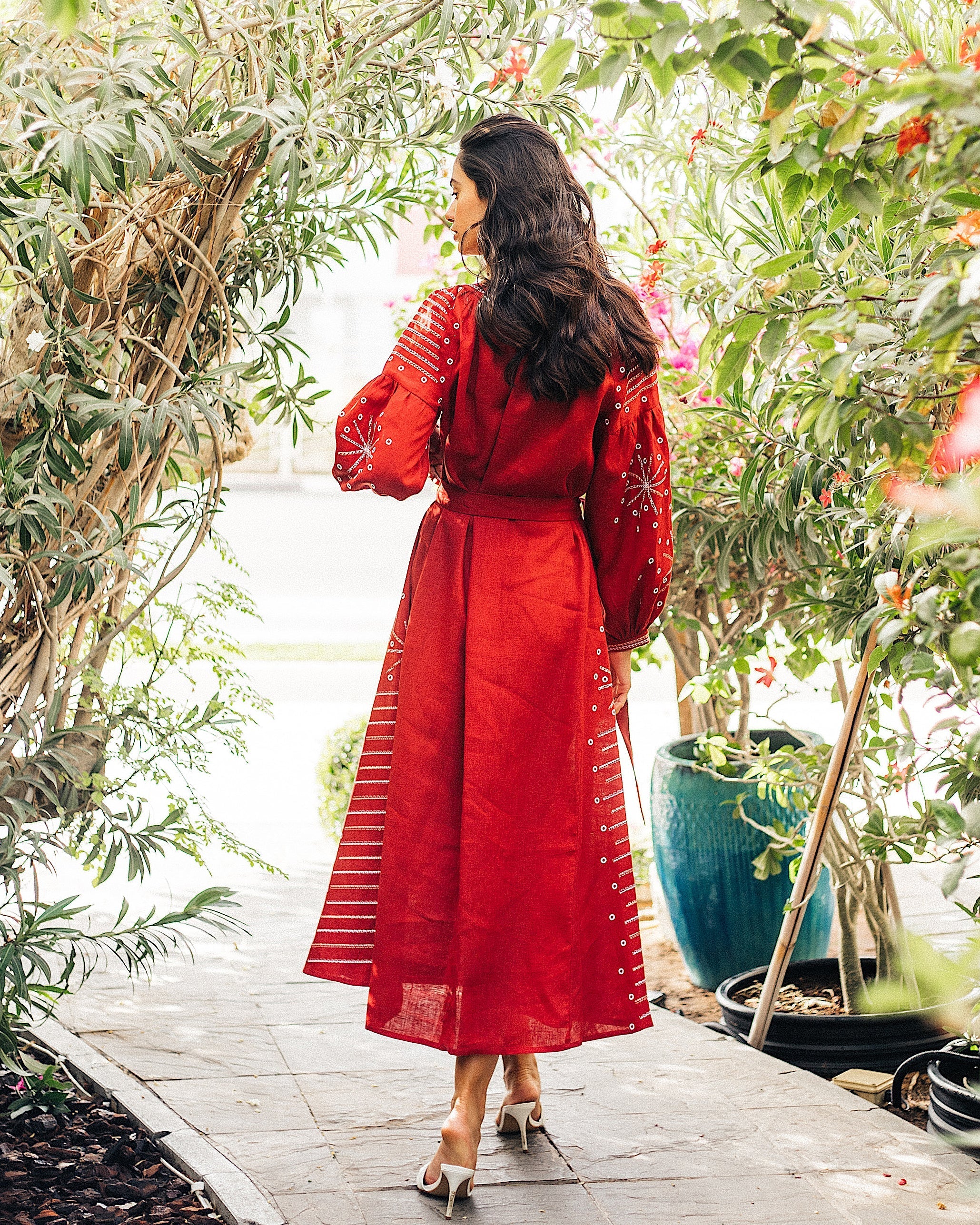 Cherry Red Embroidered Linen Maxi Dress – Balloon Sleeves