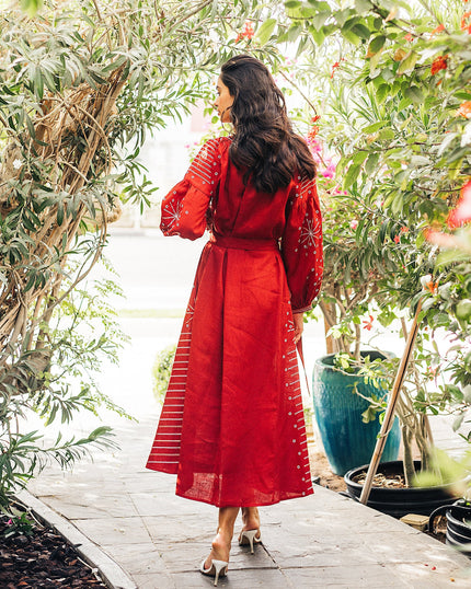 Cherry Red Embroidered Linen Maxi Dress – Balloon Sleeves