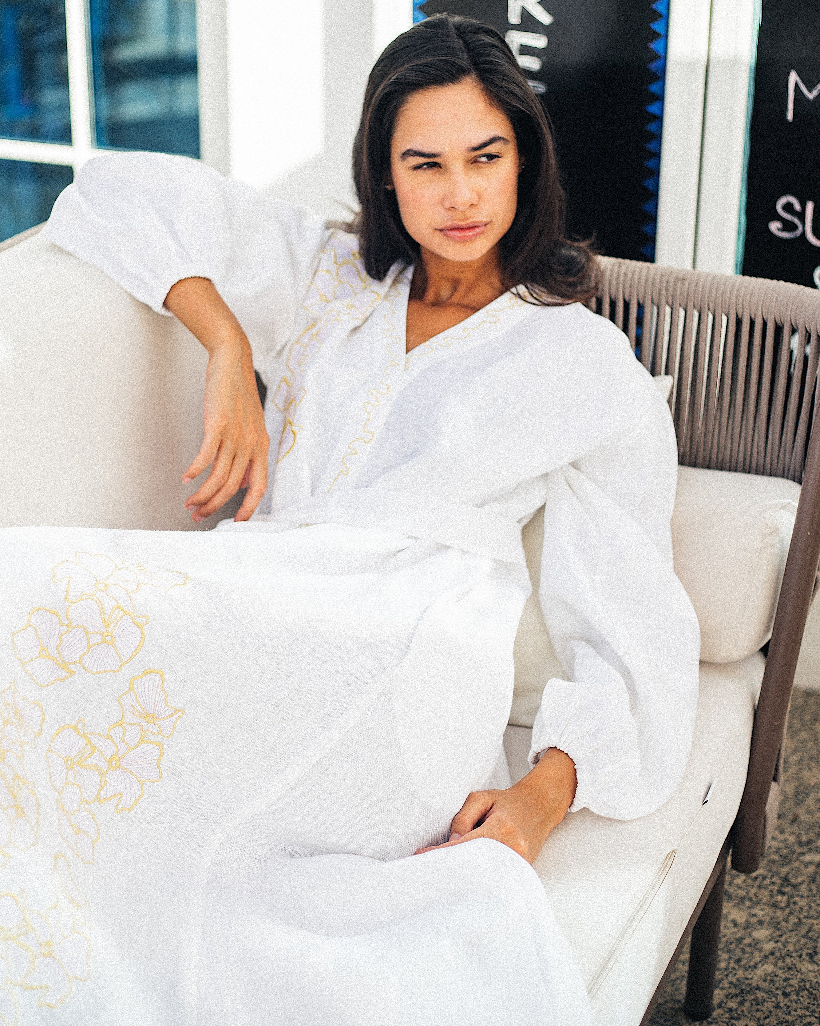White Embroidered Linen Long Dress – Balloon Sleeves || ZALXNDRA