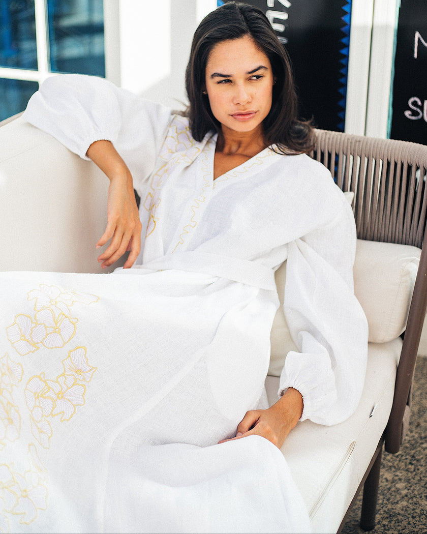 White Yellow Floral Embroidered Linen Kaftan Maxi Dress