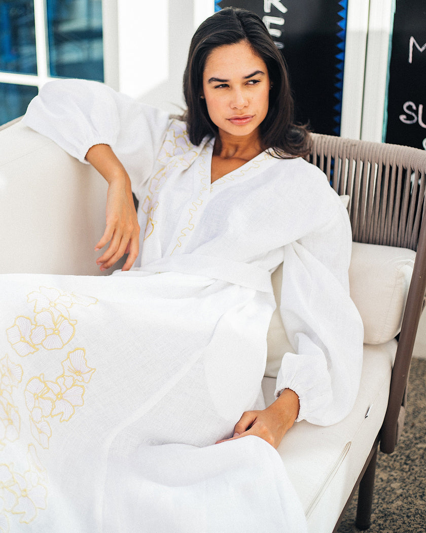White Embroidered Linen Long Dress – Balloon Sleeves | ZALXNDRA