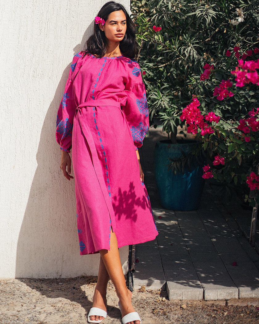 Fuchsia Blue Hand-Embroidered Cross-Stitch Linen Kaftan Maxi Dress