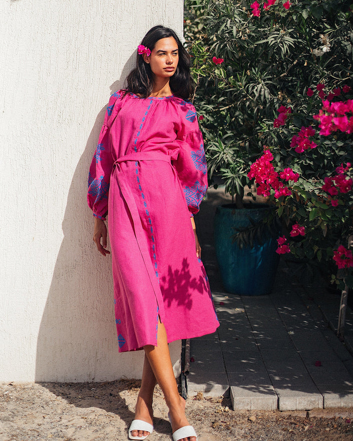 Fuchsia Embroidered Linen Long Dress – Balloon Sleeves | ZALXNDRA