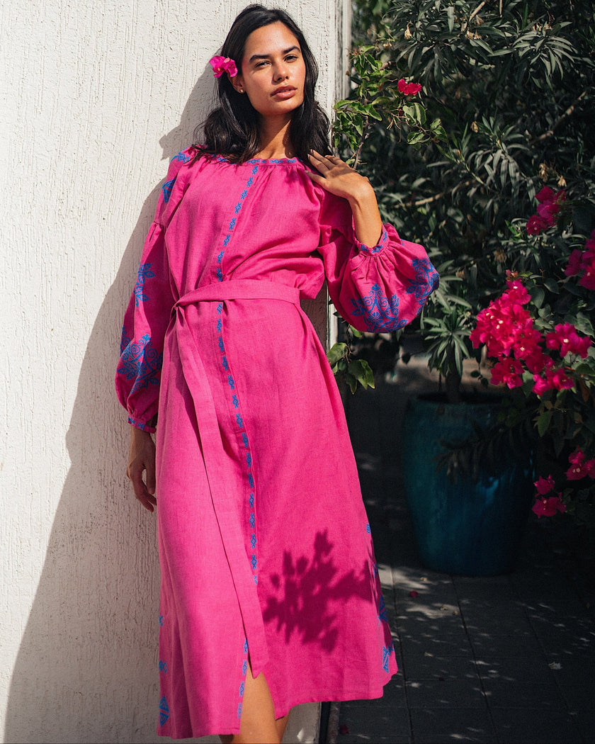 Fuchsia Blue Hand-Embroidered Cross-Stitch Linen Kaftan Maxi Dress