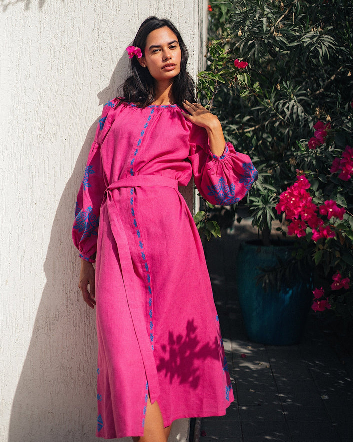Fuchsia Embroidered Linen Long Dress – Balloon Sleeves | ZALXNDRA