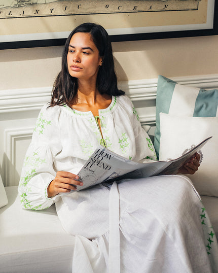 White Embroidered Linen Long Dress – Balloon Sleeves | ZALXNDRA