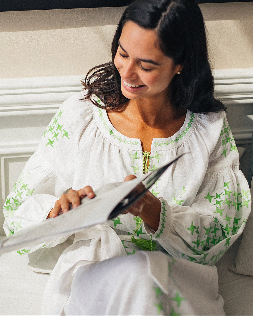 White Green Geometric Embroidered Linen Kaftan Maxi Dress