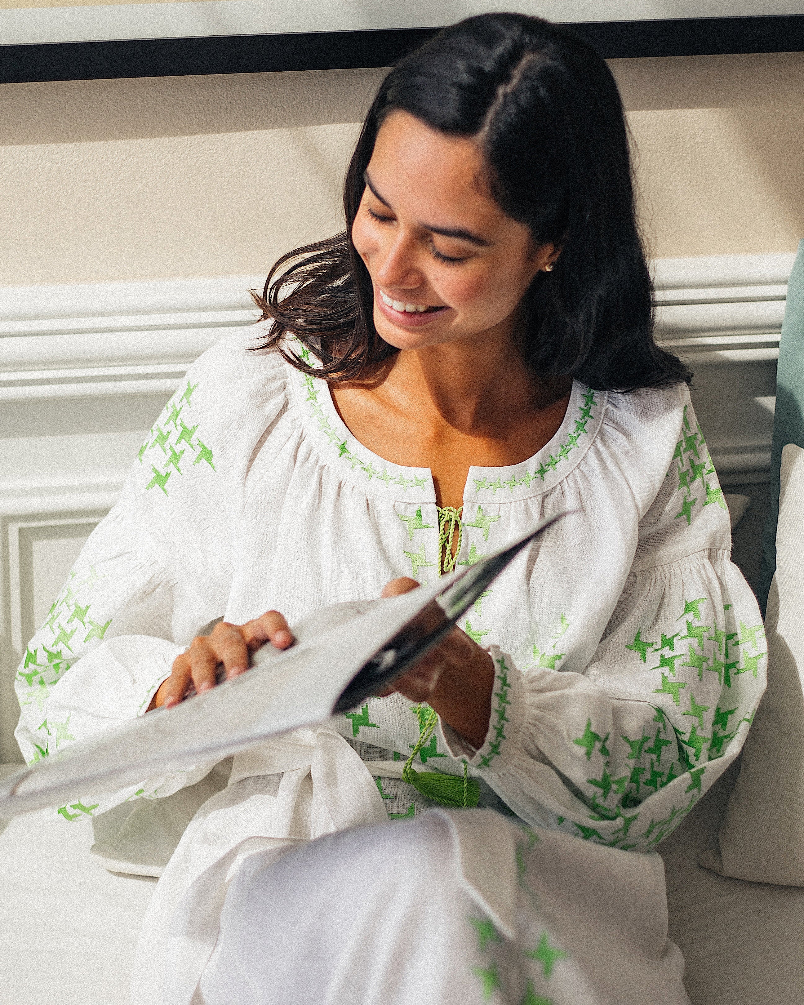 White Embroidered Linen Long Dress – Balloon Sleeves | ZALXNDRA
