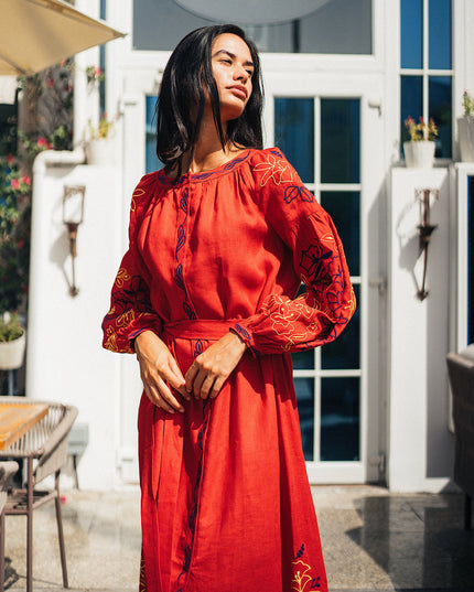 Scarlet Red Embroidered Linen Maxi Dress – Balloon Sleeves
