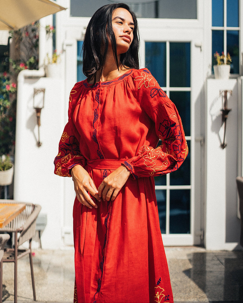 Scarlet Red Yellow Blue Floral Embroidered Linen Kaftan Maxi Dress