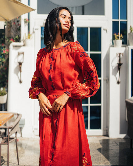Scarlet Red Embroidered Linen Maxi Dress – Balloon Sleeves