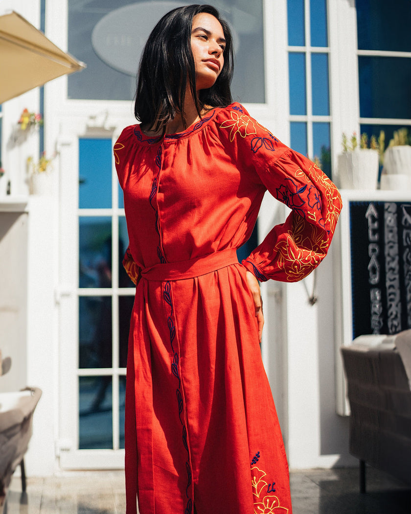 Scarlet Red Yellow Blue Floral Embroidered Linen Kaftan Maxi Dress