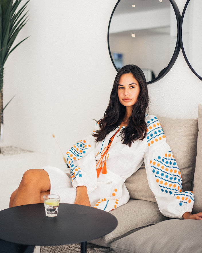 White Embroidered Linen Mini Dress – Balloon Sleeves | ZALXNDRA