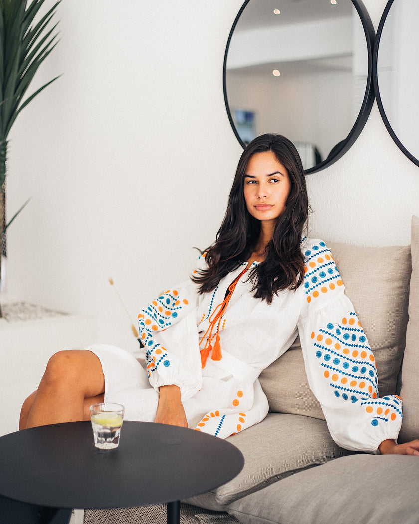 White Embroidered Linen Mini Dress – Balloon Sleeves | ZALXNDRA