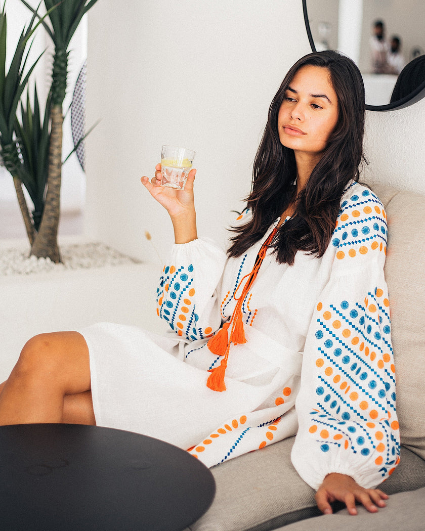 White Embroidered Linen Mini Dress – Balloon Sleeves | ZALXNDRA