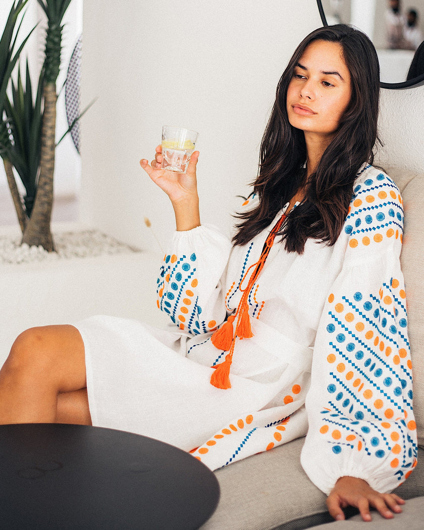 White Turquoise Orange Geometric Embroidered Linen Mini Kaftan Dress