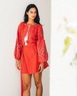 Scarlet Red Embroidered Linen Mini Dress – Balloon Sleeves