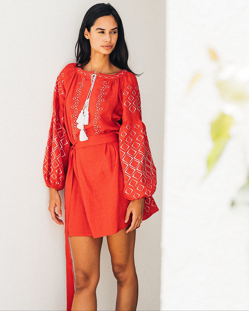 Red White Geometric Embroidered Linen Kaftan Mini Dress