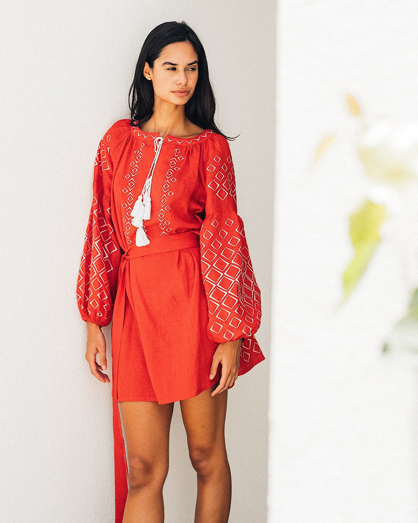 Scarlet Red Embroidered Linen Mini Dress – Balloon Sleeves