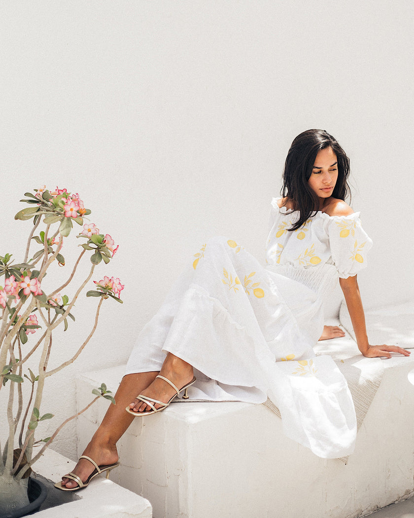 White Yellow Lemon Embroidered Linen Midi Dress
