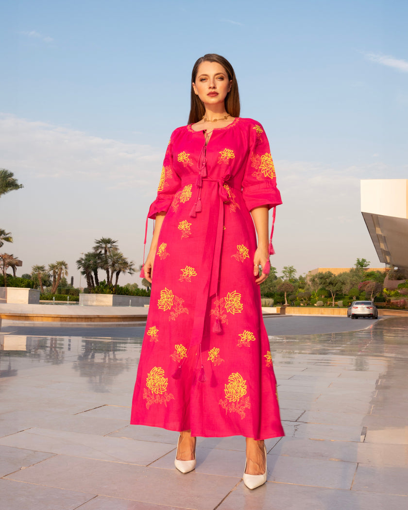 Fuchsia Embroidered Linen Maxi Dress | ZALXNDRA