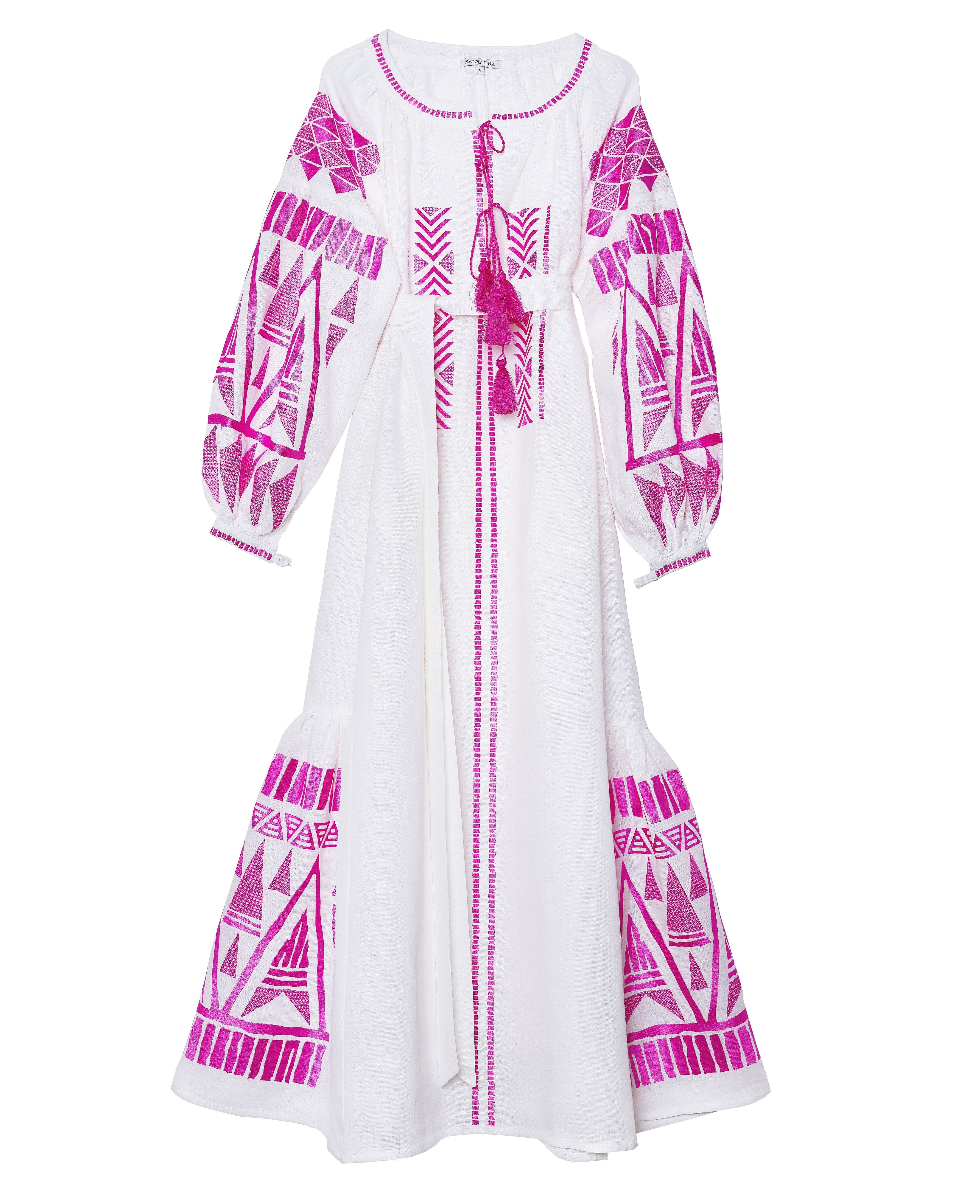 Robe longue blanche en lin brodé – Manches ballon | ZALXNDRA