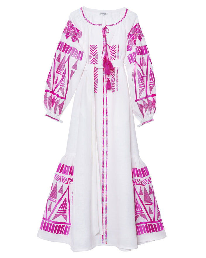 White Embroidered Linen Maxi Dress – Balloon Sleeves | ZALXNDRA