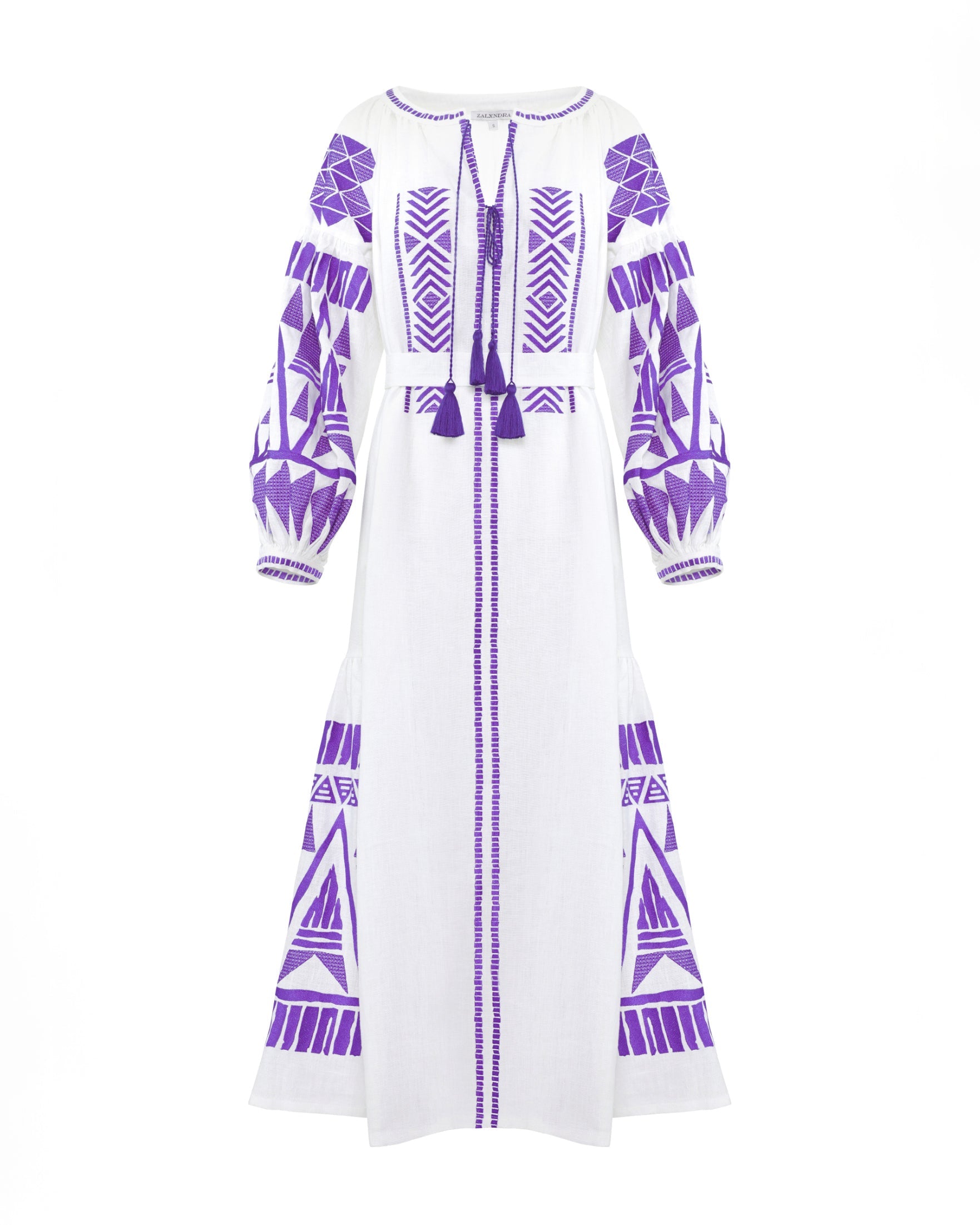 White Embroidered Linen Long Dress – Balloon Sleeves || ZALXNDRA
