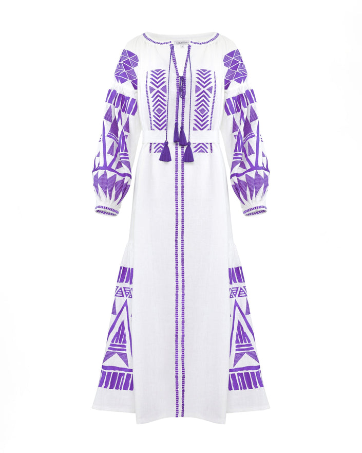 White Embroidered Linen Long Dress – Balloon Sleeves || ZALXNDRA