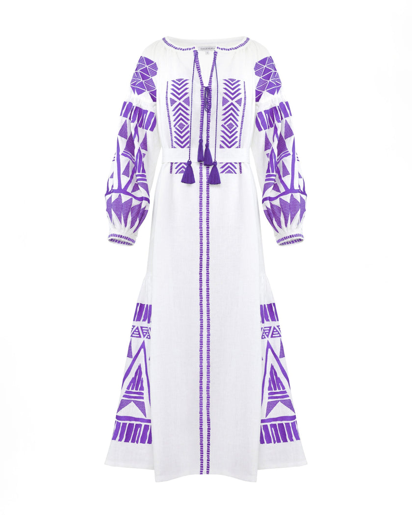 White and Purple Geometric Embroidered Linen Kaftan Maxi Dress with Balloon Sleeves
