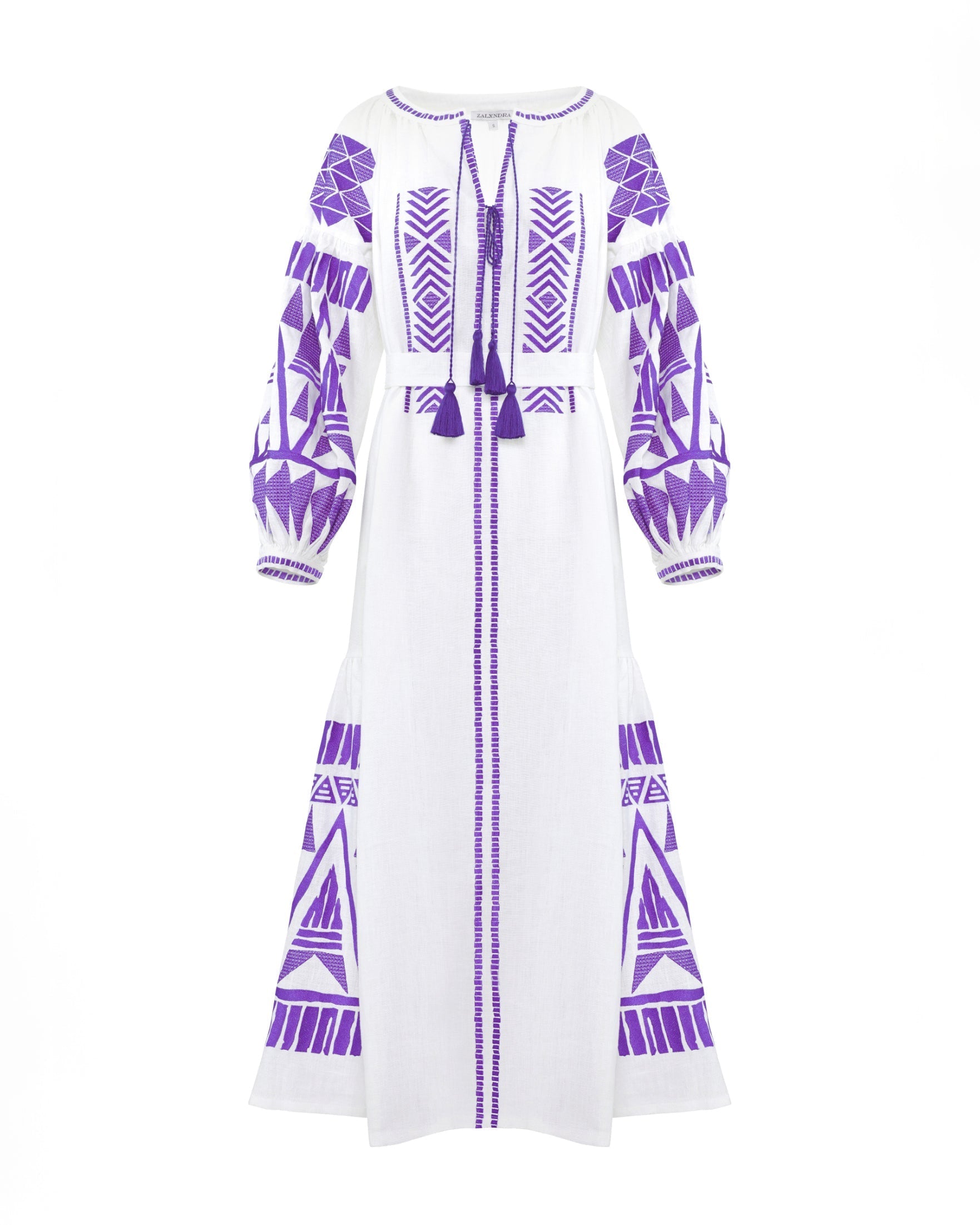 Robe longue blanche en lin brodé – Manches ballon | ZALXNDRA
