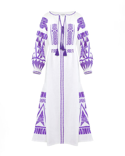 Robe longue blanche en lin brodé – Manches ballon | ZALXNDRA