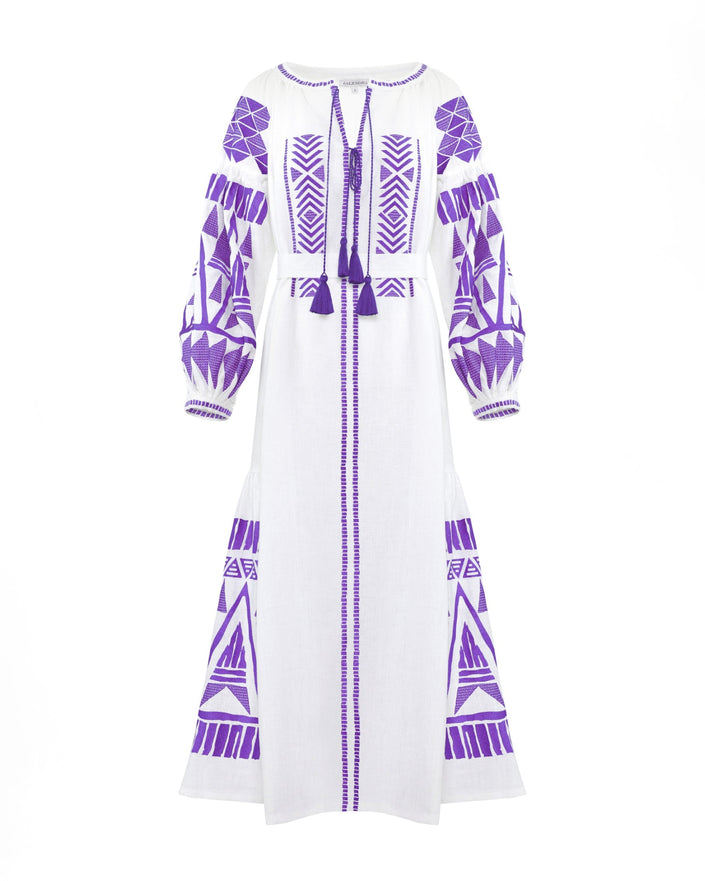 White Embroidered Linen Long Dress – Balloon Sleeves | ZALXNDRA