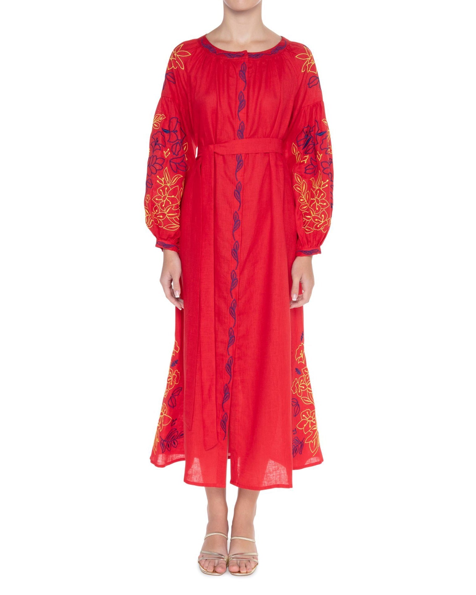 Scarlet Red Embroidered Linen Maxi Dress – Balloon Sleeves