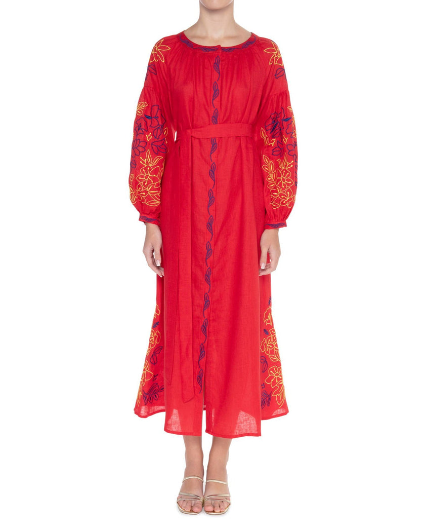 Scarlet Red Embroidered Linen Maxi Dress | ZALXNDRA