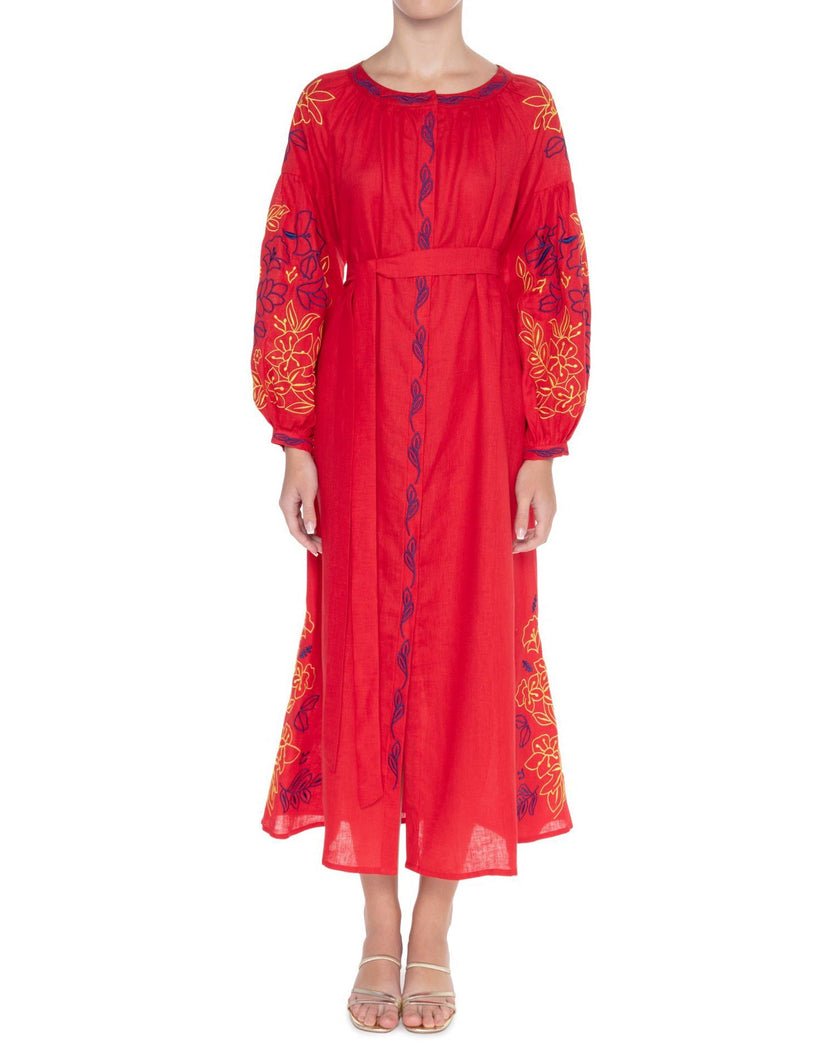 Scarlet Red Yellow Blue Floral Embroidered Linen Kaftan Maxi Dress