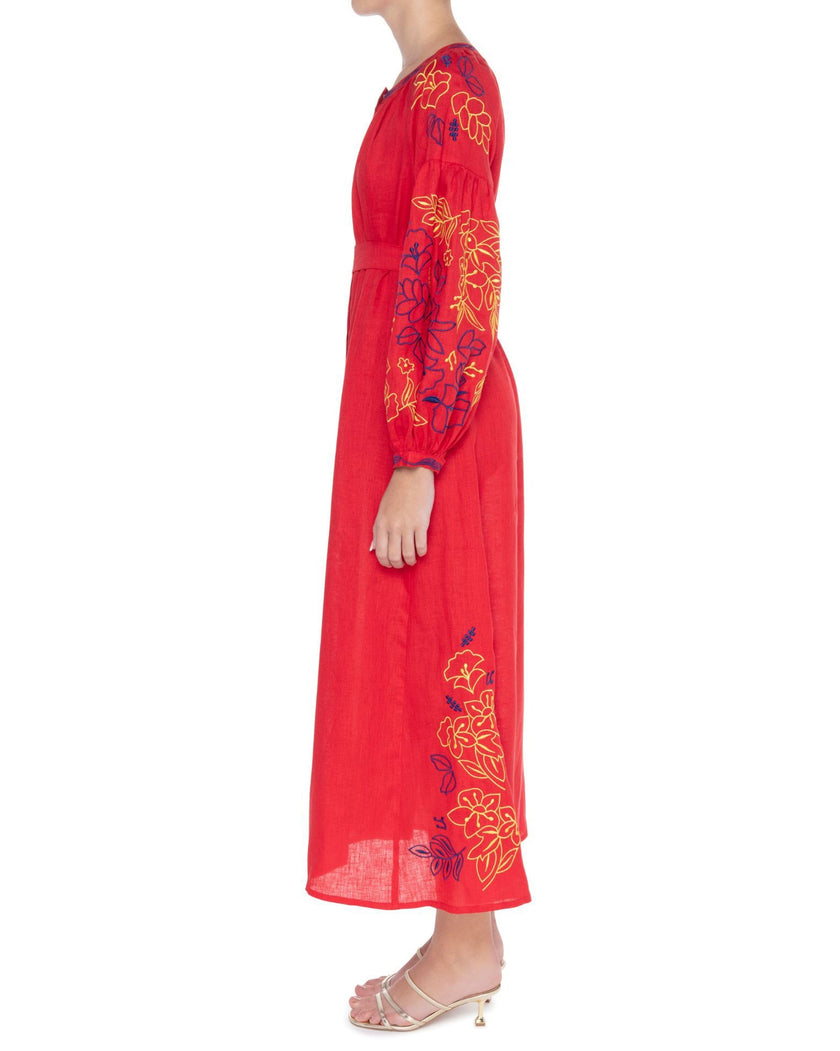 Scarlet Red Yellow Blue Floral Embroidered Linen Kaftan Maxi Dress