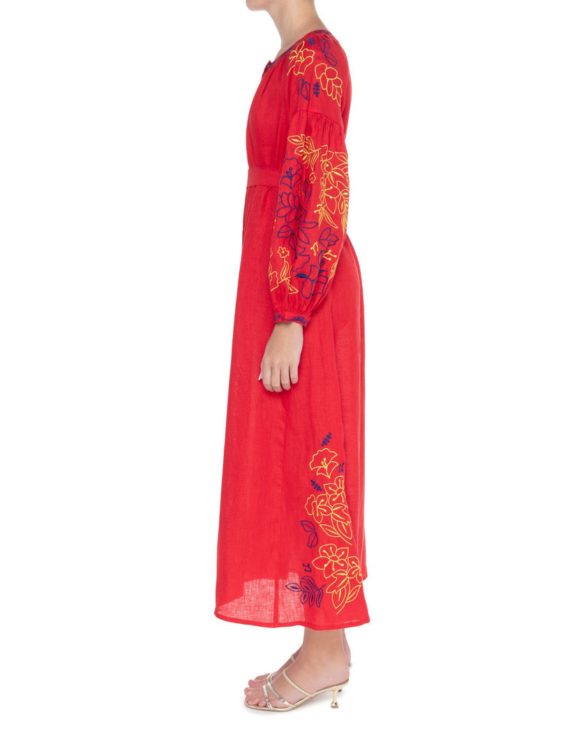 Scarlet Red Embroidered Linen Maxi Dress | ZALXNDRA