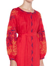 Scarlet Red Embroidered Linen Maxi Dress – Balloon Sleeves