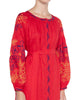 Scarlet Red Embroidered Linen Maxi Dress – Balloon Sleeves