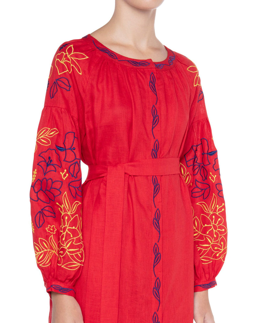 Scarlet Red Yellow Blue Floral Embroidered Linen Kaftan Maxi Dress