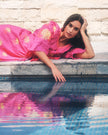 Fuchsia Yellow Floral Embroidered Linen Kaftan Maxi Dress