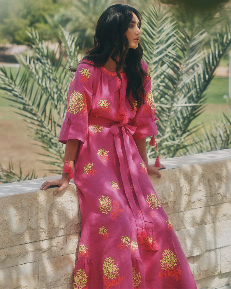 Fuchsia Yellow Floral Embroidered Linen Kaftan Maxi Dress